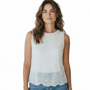 JKARA Newyork Beaded Sleeveless Evening Top White – Size Small. NWT